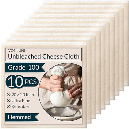 10-Pack Cheesecloth, 20x20 Inch Hemmed Cheese Cloth for Straining, Reusable Unbleached Cotton Strainer for Cooking, Baking, Juicing, and Cheese Making (Grade 100) - size: 10 Pack