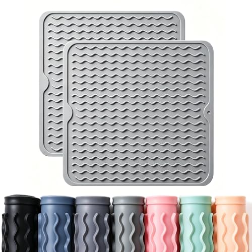 2 Pack Caketime Silicone Dish Drying Mat for Kitchen Counter Heat Resistant Quick Dry Pads Hot Dishes Waterproof with Under Sink Rack Soap Holder Coffee Accessories Women Gifts 12"x12" Light Gray - color: Light Gray, size: 12"*12"