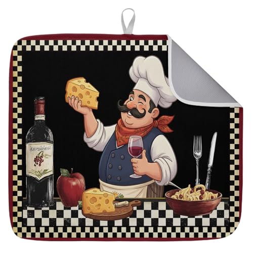 Retro Cartoon Chef Dish Drying Mat, Vintage Wine Cheese Farmhouse Traditional Black Absorbent Dish Drainer, Dish Drying Pads for Sink, Draining Rack, Kitchen Counter, Coffee Bar, 16"x18", 1PC - size: 16"x18" (Pack of 1)