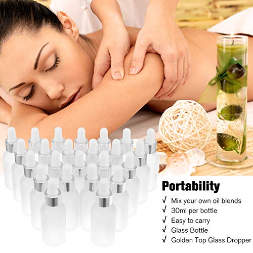 PrettyCare Glass Eye Dropper Bottles 24 Pack, 1oz (30ml) Frosted Empty Thick Bottles Bulk with Leakproof Silver Caps - With Labels & Funnels for Storage, Travel, Essential Oils, Cuticle, Tinctures - color: 1oz Frosted, style: 24 Pack