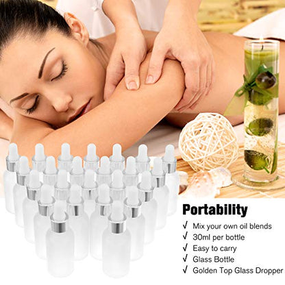 PrettyCare Glass Eye Dropper Bottles 24 Pack, 1oz (30ml) Frosted Empty Thick Bottles Bulk with Leakproof Silver Caps - With Labels & Funnels for Storage, Travel, Essential Oils, Cuticle, Tinctures - color: 1oz Frosted, style: 24 Pack