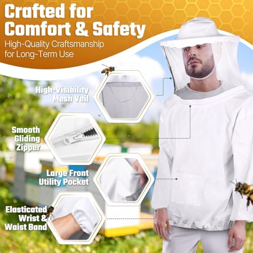 Flexzion Bee Jacket with Veil - Beekeeper Jacket for Men and Women, Lightweight Ventilated Pullover Beekeeping Smock, Sting Proof Protective Upper Body Suit, White Adult Extra Large - size: Adults Large