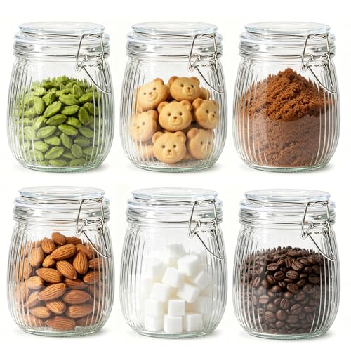 ComSaf 25oz Fluted Glass Mason Jars - Set of 6 Vintage Canisters with Airtight Lids for Sourdough Starter, Pickling, Coffee & Pantry Organization, Farmhouse Kitchen Decor - size: 25oz*6-Ribbed