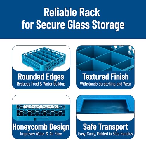 Carlisle FoodService Products Opticlean Glass Rack 16 Compartments with 1 Extender for Kitchens and Restaurants, 19.875" x 19.875" x 5.5", Compartment Size 4.45" x 4.45" Blue