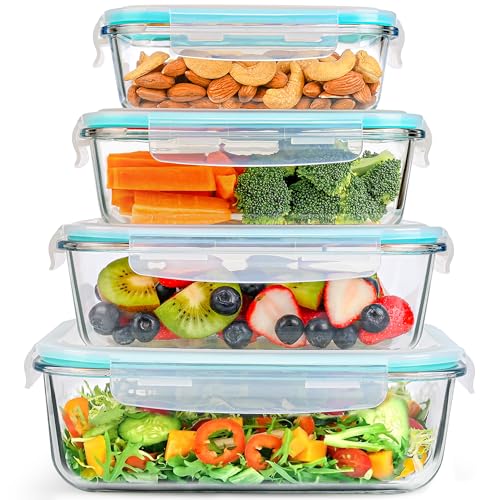 GEHE 4 Pack Large Glass Storage Containers with Airtight Lids, 78/52/36/22oz Glass Meal Prep Food Storage Containers for Baking, Storing, Leakproof, BPA Free, Microwave/Freezer/Dishwasher Safe