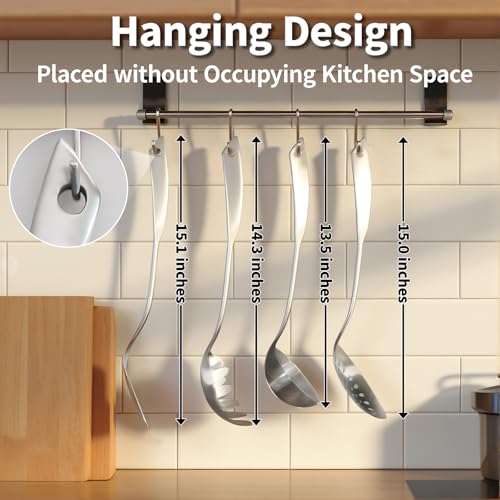 Newness 4 Pcs Cooking Utensils Set, 304 Stainless Steel Kitchen Utensils Set, Metal Kitchen Accessories, Include Soup Ladle, Slotted Skimmer Spoon, Spaghetti Spoon and Spatula, Dishwasher Safe - size: 4 PCS Cooking Utensils Set