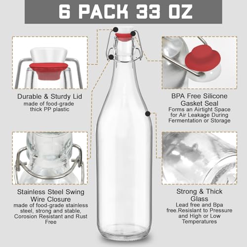 6 Pack 33 oz 1000ml flip top glass bottles with swing lids sealing stoppers rotundity airtight leakproof clear perfect for beverages oils vinegar kombucha beer water soda kefir