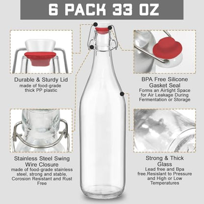 6 Pack 33 oz 1000ml flip top glass bottles with swing lids sealing stoppers rotundity airtight leakproof clear perfect for beverages oils vinegar kombucha beer water soda kefir