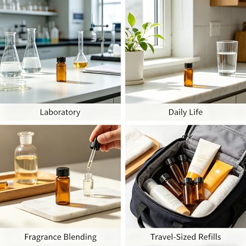 50 Pack 10ml Empty Amber Small Glass Vials with Screw Caps | 0.3oz Brown Small Bottles for Essential Oils, Perfume & DIY, Leak-proof Gasket, Lab Liquid Sampling Container - style: 10ML 50- Pack