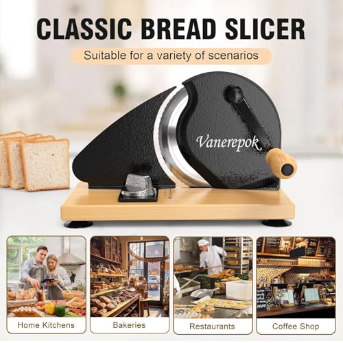 vanerepok Manual Bread Slicer Adjustable Thickness for Homemade Sourdough | Hand Crank Bread Cutter with Scale & Stable Suction Cups & Wood Base for Even Slicing Perfect Baking Gift for Home Bakers - color: Black