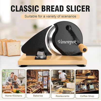 vanerepok Manual Bread Slicer Adjustable Thickness for Homemade Sourdough | Hand Crank Bread Cutter with Scale & Stable Suction Cups & Wood Base for Even Slicing Perfect Baking Gift for Home Bakers - color: Black