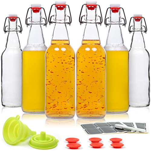 WILLDAN Set of 6-16oz Swing Top Glass Bottles - Flip Top Brewing Bottles For Kombucha, Kefir, Vanilla Extract, Beer - Airtight Caps and Leak Proof Lids, Bonus Gaskets and Funnel - size: 16oz - 6 Pack