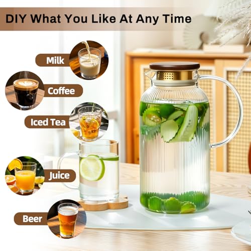 Buaic 2 PACK Glass Pitcher with Lid and Widened Handle, 68oz/ 2 Liter Classic Vertical Stripes Water Pitcher with Wooden Lids,Glass Water Carafe for Cold Brew, Coffee,Iced Sun Tea,Beverage,Hot/Cold - color: Clear, size: 2L-Wooden Lids