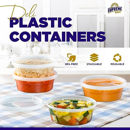 Supreme Deli Plastic Storage Containers with Lids 8oz, 16oz, 32oz [8 sets of each - 24 combo pack] Reusable Food Containers - Microwavable & Freezer friendly - Dishwasher safe - Secure fitting Covers