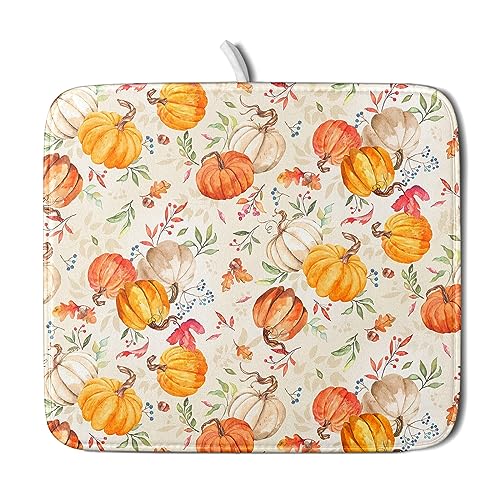 Autumn Fall Dish Drying Mat for Kitchen Counter Watercolor Pumpkin Maple Leaves Drying Mat 16 x 18 Inch with Absorbent Reversible Microfiber Dish Drying Pad Dish Rack Drainer Mat for Coffee Bar - color: watercolor pumpkin, size: 16" x 18"