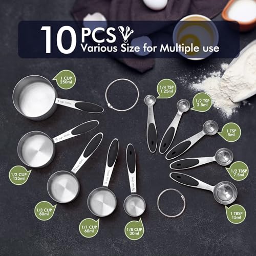 HOTEC 10-PACK Measuring Cups and Spoons Set, Kitchen Gadagets Cooking Baking,Heavy Duty & Dishwasher Safe for Dry and Liquid Ingredients,Black - color: Black