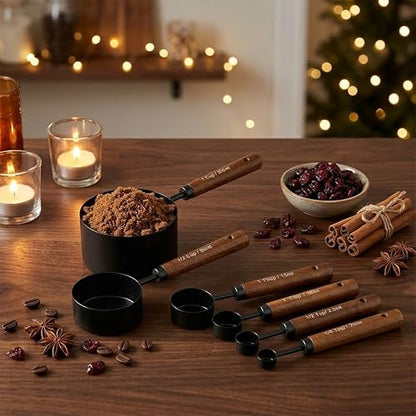 Measuring Cups and Spoons Set, 8PCS Stainless Steel Metal Measuring Cups, Walnut Wood Handle, Black Plated, For Dry and Liquid Ingredients