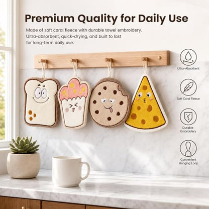 4-Pack Baking Series Hanging Hand Towels, Bread/Cookie/Cheese/Cupcake, Coral Fleece Material with Towel Embroidery, Absorbent Quick-Dry, Universal for Kitchen & Baking Room, with Hanging Loop