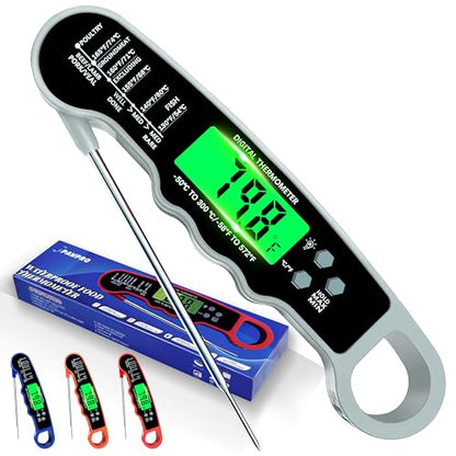 Stocking Stuffers for Men Women Adults: Meat Thermometer Digital, Instant Read Meat Thermometer with Backlight & Magnet for Kitchen, Beef, Grill, Turkey,IP67 Waterproof Cooking Thermometer - color: Grey