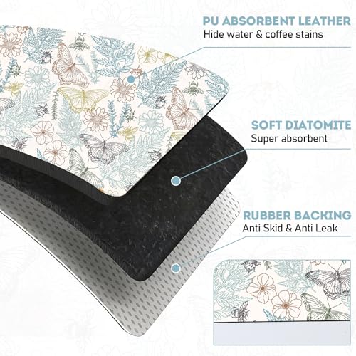 LemonRoad Dish Drying Mat for Kitchen Counter, 12"x20" Absorbent Coffee Bar Mat with Plant Butterflies Design, Fast-dry Diatomite Drainer Drying Mats with Non-slip Backing for Kitchen Sink Countertop - style: Plant Butterflies