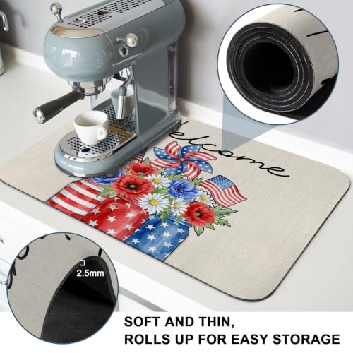 250 Anniversary Dish Drying Mat for Kitchen Counter, Absorbent Quick Dry Coffee Bar Mat Pad Thin Diatomaceous Sink Mats, American Flag Windmill Daisy Florals Beige Non Slip Dish Drainer Mats 16''x24'' - size: 24" x 16"
