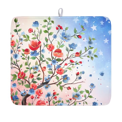 4th of July Dish Drying Mat 18x16 Inch, Patriotic Drying Mat with Absorbent Reversible Microfiber, Independence Day Dish Drainer Mats Memorial Day Rack Pad for Coffee Countertop Kitchen Protector - color: Patriotic Floral Blue Red, size: 18" x 16"