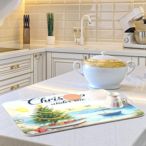 Christmas Beach Time Dish Drying Mat for Kitchen Countertop 16x18 Winter Tree Xmas Small Drying Mat Reusable Quick Dry Dish Sink Mats Easy Clean Decorative Essentials - size: 16x18(in)x1