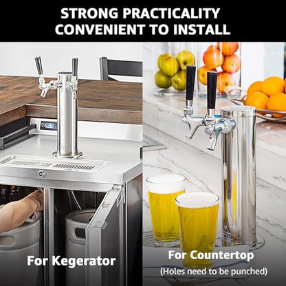 Kegerator Tower Dual Tap Beer Tower Dispenser, Draft Beer Tap Tower Kegerator Parts, Upgraded 3" Flange Keg Tower with Pre-Assembled Tubing & Self-Closing Brass Beer Faucet Stainless Core - size: Dual Tap Beer Tower(Brass Faucet)