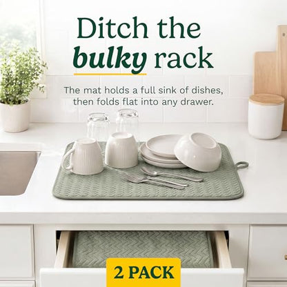 Cuisinart Dish Drying Mat for Kitchen Counter - 2-Pack XL 18x24 Ultra Absorbent Microfiber Dish Mat - Fast Drying, Machine Washable, Foldable Countertop Pad - Safe for Granite & Quartz - color: Geostripe Sage
