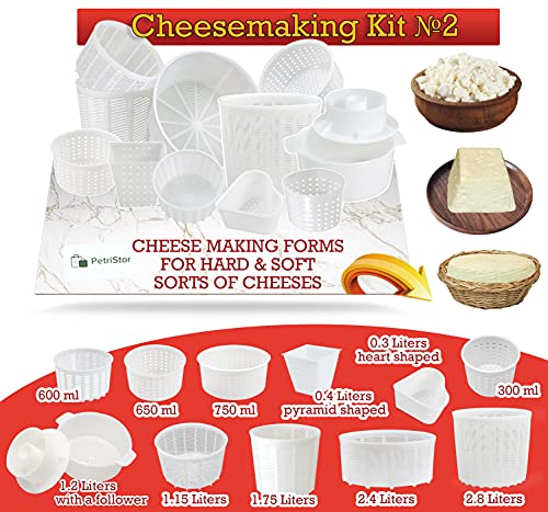 11 pcs Cheese Making Kit Beginners - Soft Cheese Molds + Cheese Mold with a Follower Piston - Cheese Making Supplies - Moldes Para Queso Fresco Casero - Paneer Cream Cheese Form Mold Basket № 2