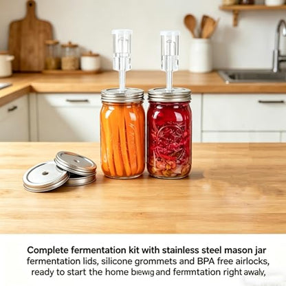 4 pack Fermentation Lids for Mason Jars Brewing & Fermentation Kit Stainless Steel Fermentation Lids with Airlock for Wide Mouth Mason Jar Fermentation
