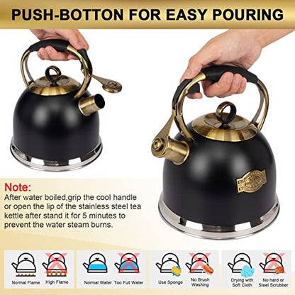 Tea Kettle -3.0 Quart Tea Kettles Stovetop Whistling Teapot Stainless Steel Tea Pots for Stove Top Whistle Tea Pot - color: Black