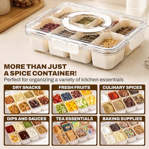 Four Flowers Snackle Box Container, 8 Compartment Divided Serving Tray with Lid and Handle, Portable Snack Box for Fruit, Nuts and spices, Crystal Clear Snack Organizer for Travel and Parties
