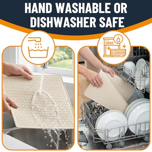 Dish Drying Mat Beige, 11.8x15.8 Inches Silicone Dish Mat Drying Kitchen Mat, Kitchen Drying Mat for Small Spaces, Non-Slip Fast Drain Drying Pad, Protects Surfaces Under Dishes and Glassware - size: 11.8" x 11.8"