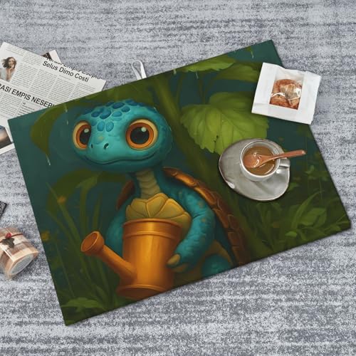 Cute Blue Turtle Holding Watering Can Dish Drying Mat for Kitchen Counter Microfiber Absorbent Reusable Washable 18x24in - color: Cute Blue Turtle Holding Watering Can