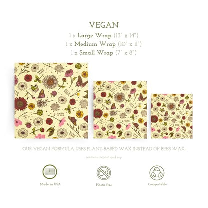 Bee's Wrap Vegan Beeswax Wraps for Food - 3 Pack of Assorted Beeswax Wraps - Small, Medium & Large Wrap - Plastic Free Made in USA Reusable Natural Food Wrap - Meadow Magic Print - style: Vegan Meadow Magic