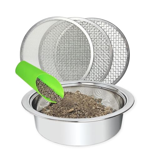 Soil Sifter for Gardening, Stainless Steel Sifting Pan Dirt Sifter, 9.5in Rock Sifter with 3 Sieve Mesh Filter Sizes - color: 9.5 inch sifter with 3 screens (Silver)