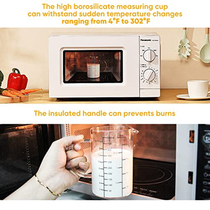 77L High Borosilicate Glass Measuring Cup with Handle, [Double-Sided Measuring Scale, V-Shaped Spout, Insulated handle], Glass Measuring Cup with Three Scales (OZ, Cup, ML) for Liquid (500 ML) - size: 2 Cup (500 ml)