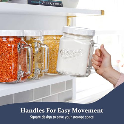 Folinstall 74 oz Wide Mouth Mason Jar w Handle, Airtight Storage Container | Easy-Grip Handle, Scale Marks, Easy Filling & Cleaning, 2 Pcs Jars for Sugar, Flour, Cookie, Pickle, Fruit, and Fridge Drink