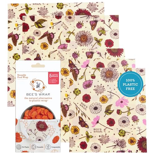 Bee's Wrap Beeswax Wraps for Food - Assorted 5 Pack of Beeswax Wraps - 2 Large & 3 Medium Wrap - Plastic Free Made in USA Reusable Natural Food Wrap - Meadow Magic Print - style: Meadow Magic (Beeswax) 5 Pack