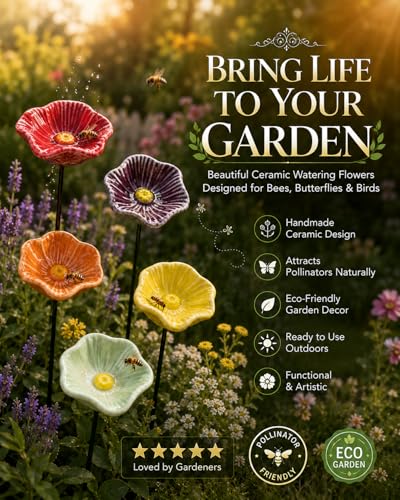 Bee Watering Station for Garden Cups Bird Butterfly Bees Ceramic Drinking and Water Bath Feeder Cup Blossoms Flowers Shaped Design Poppies Bowl Wildlife Feeding 5PCS Watring Pollinator (#5PCS-D) - color: #5PCS-D