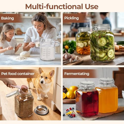 ComSaf Large Square Glass Jars with Airtight Lid 1 Gallon 2 Pack Wide Mouth | Flour sugar rice, Kombucha, Bulk pantry organization, Measurement marks, Pickling fermenting, Snacks, Sourdough pickling - size: 1.1 Gal*2-Wide Mouth