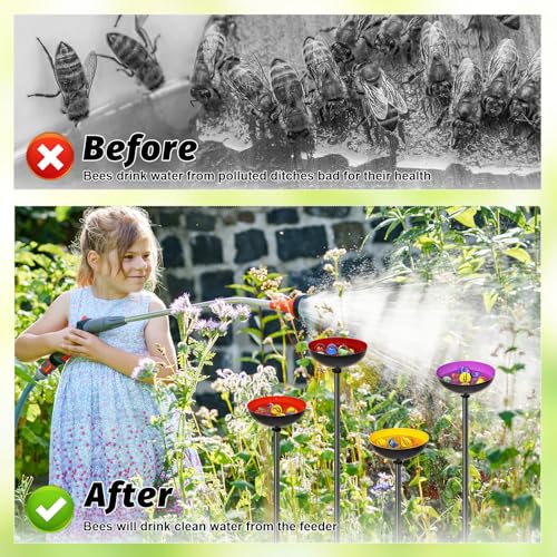 4 Pack Bee Watering Station for Garden, MeyRolizn Outdoors Metal Bee Butterfly Feeder with Glass Marbles, Butterfly Bath Insects Water Bowl for Yard Patio Decor - style: 4pcs Yellow Purple Red Orange