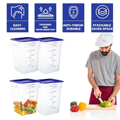 BIEAMA 4 Pack Food Storage Containers, 22 Quart with Lids, Square Commercial Containers with Scale, NSF, Polycarbonate, Clear - color: 22Qt-4 Pack(Blue Lids)