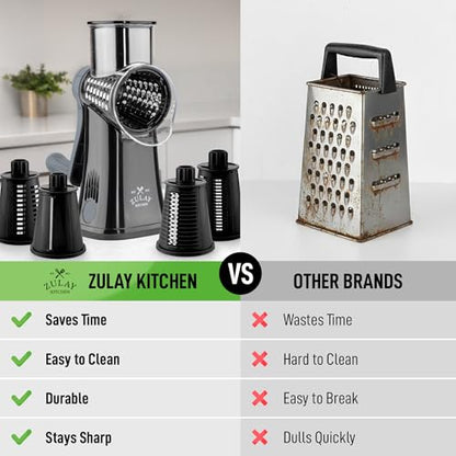 Zulay Kitchen Rotary Cheese Grater 5 Blade Cheese Shredder - Manual Hand Crank Cheese Grater With Reinforced Suction & 5 Interchangeable Drums - Easy to Use, Vegetable Chopper Round Mandoline Slicer - color: Black Gray