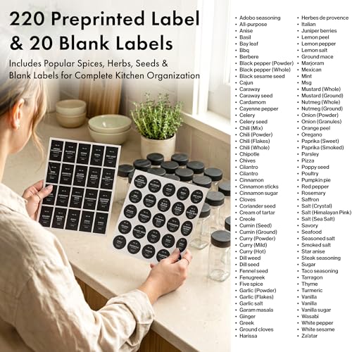 EDELHAUS® Square Spice Jars with Bamboo Wooden Lid (Pack of 24) Spice Jars with Shaker Insert and 240 Labels - Bamboo Lid Glass Container for Spice Organisation [4.3 in × 1.8 in] - color: Black Bamboo Lid