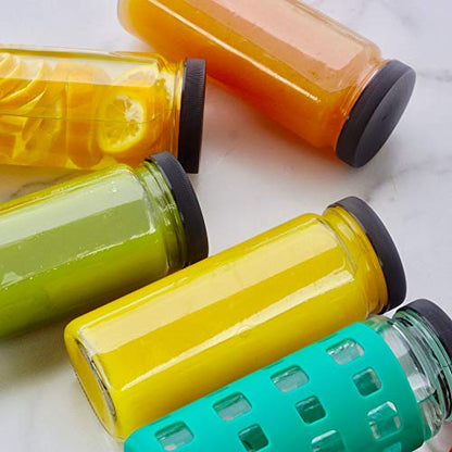 All About Juicing Clear Glass Water Bottles Set - 6 Pack Wide Mouth with Lids for Juice, Smoothies, Beverage Storage - 16 oz, Durable, Reusable, Dishwasher Safe, Leak Proof (Black Caps) - color: 16oz Black Caps