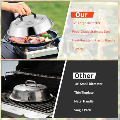 12 Inch Stainless Steel Cheese Melting Dome - 2 Pack BBQ Griddle Accessories, Basting Cover & Steaming Cover Wok Lids, Fits Blackstone Camp Chef Flat Top Griddle, Indoor Outdoor Use