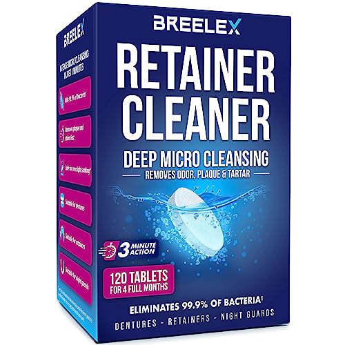 Breelex Retainer Cleaner Tablets for Dentures, Aligners & Night Guards – 120 Denture Cleaning Tablets, 3-Minute Deep Clean, Removes Plaque, Stains & Odor – FSA HSA Eligible