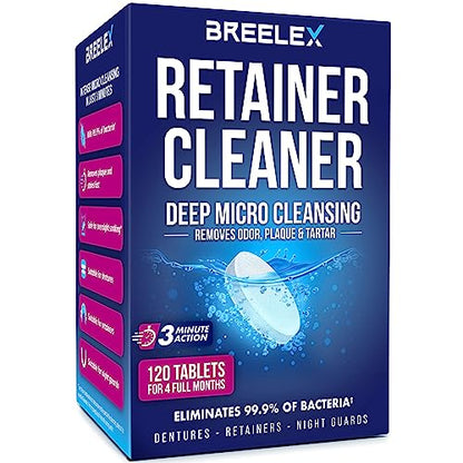 Breelex Retainer Cleaner Tablets for Dentures, Aligners & Night Guards – 120 Denture Cleaning Tablets, 3-Minute Deep Clean, Removes Plaque, Stains & Odor – FSA HSA Eligible